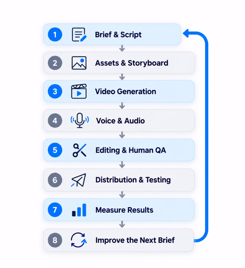 AI video production workflow showing brief and script, assets and storyboard, video generation, voice and audio, editing and human QA, distribution and testing, results measurement, and continuous improvement.