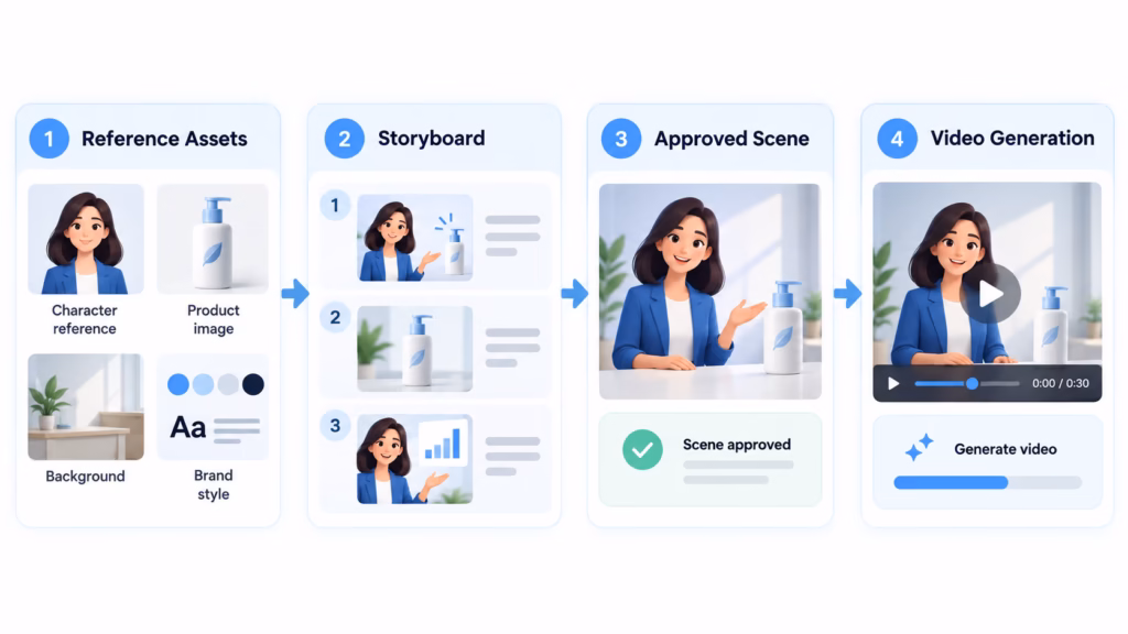 Ingredients-first AI video workflow showing reference assets, storyboard, approved scene, and video generation.